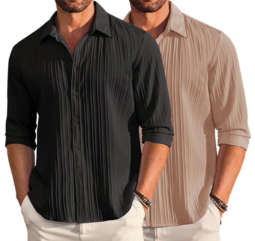 Deelmo Combo Of MenS Casual Button Down Shirts Long Sleeve Linen Shirt Fashion Textured Summer Shirts Pack Of 2