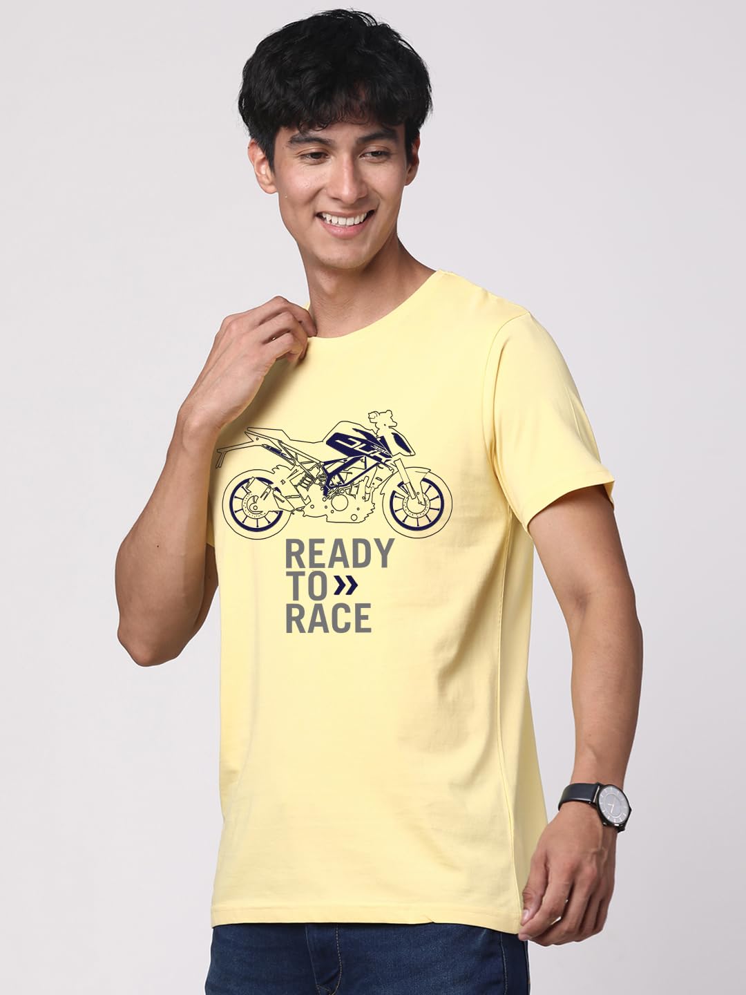 ADRO Men's Biker Design Printed 100% Cotton T-Shirt - Regular Fit, Printed T-Shirts for Men (RN24-KTM-LY_Light Yellow)