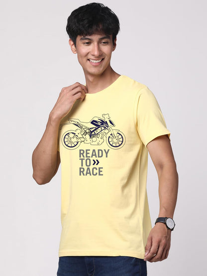 ADRO Men's Biker Design Printed 100% Cotton T-Shirt - Regular Fit, Printed T-Shirts for Men (RN24-KTM-LY_Light Yellow)
