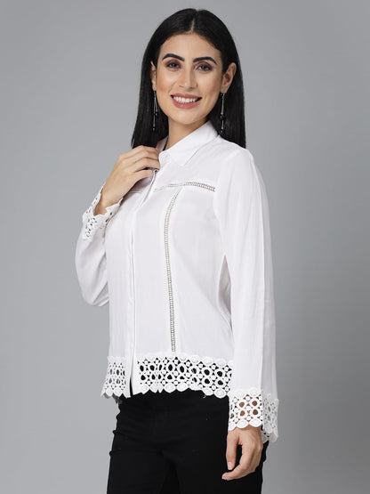 Style Quotient Womens White Rayon Smart Casual Shirt with Lace Details