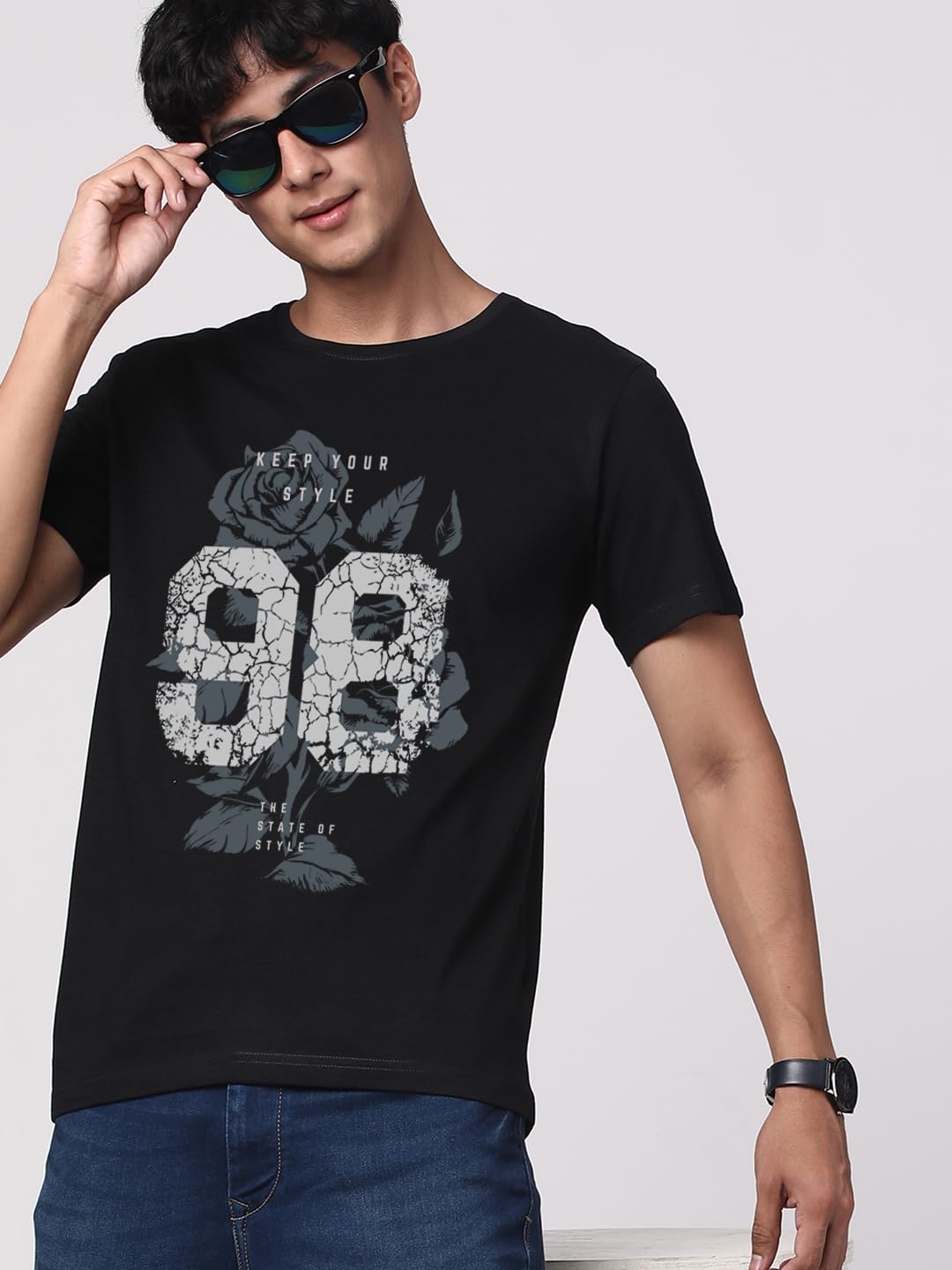 ADRO Graphic Printed T-Shirt for Men - 100% Cotton, Regular Fit, Soft Breathable Fabric. (RN23-M-98-BL_Black)