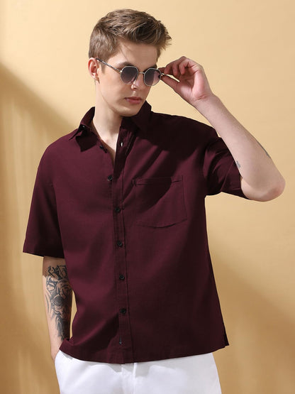 Dennis Lingo Men Relaxed-Fit Wine Half Sleeve Cotton Casual Shirt
