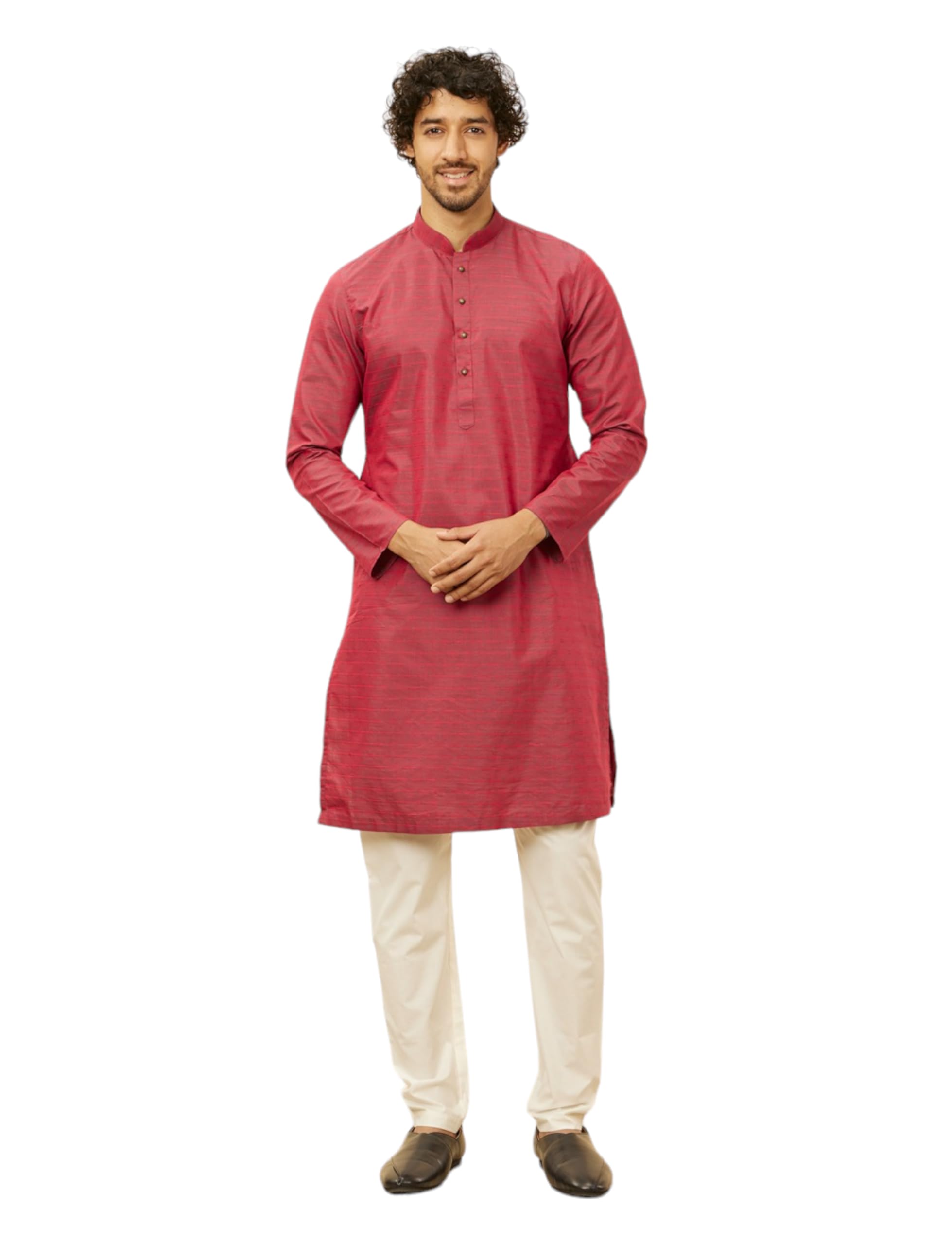 Manyavar MenS Maroon Blended Cotton Self Design Kurta Pyjama Set