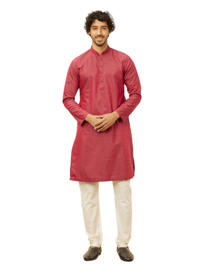 Manyavar MenS Maroon Blended Cotton Self Design Kurta Pyjama Set