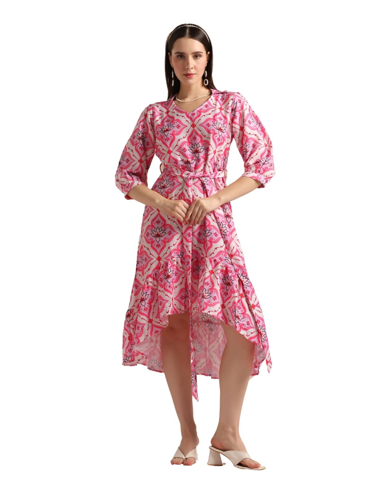 Greciilooks Womens Rayon A-Line Regular Fit Dress (Pink, Medium)