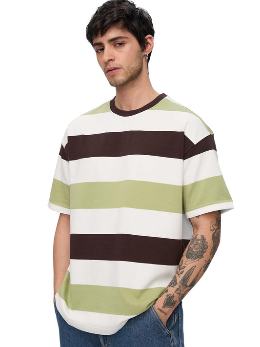 The Souled Store Striped T-Shirt: Terrain Men and Boys Short Sleeves Round Neck Multicolor Cotton Oversized T-Shirts