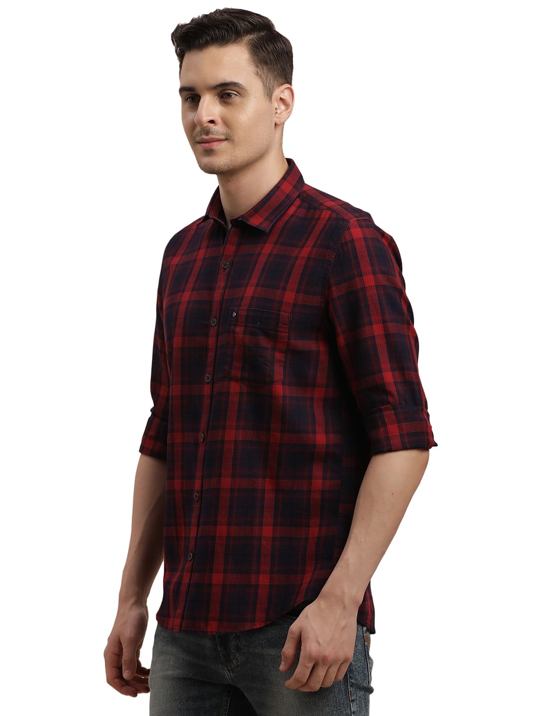 Turtle Men 100% Cotton Indigo Checkered Slim Fit Navy/Red Denim Shirt