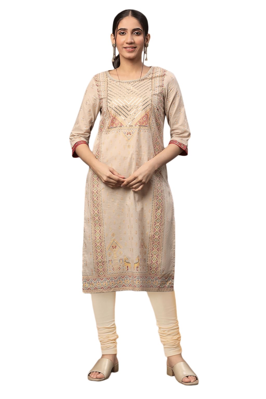Aurelia Women's Beige Zari Pure Cotton Straight Kurta and Churidar Set (Size: M)-ONVAS14429-506976