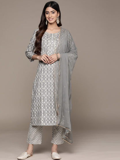 anubhutee Women's Cotton Grey Abstract Printed Straight Kurta Suit Set With Pants And Dupatta