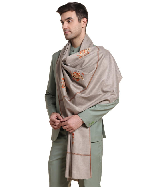 Weavers Villa Mens Acro Wool Blend Embroidery Threadwork Shawl - Handloom Motifs Design - Stoles for Men - Gents Shawls - Soft