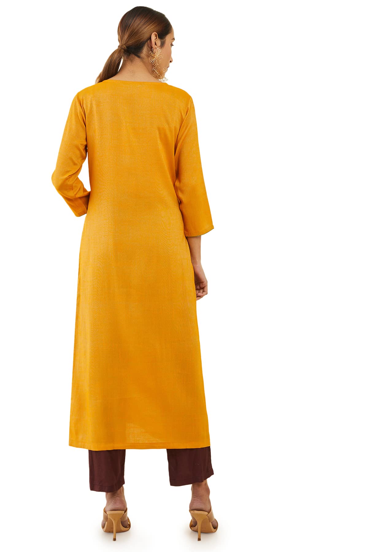 Soch Mustard Rayon Straight Kurta With Floral Embroidered Designs