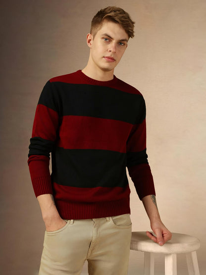 Dennis Lingo Men Black Striped Slim Fit Full Sleeve Crew Pullover Sweater