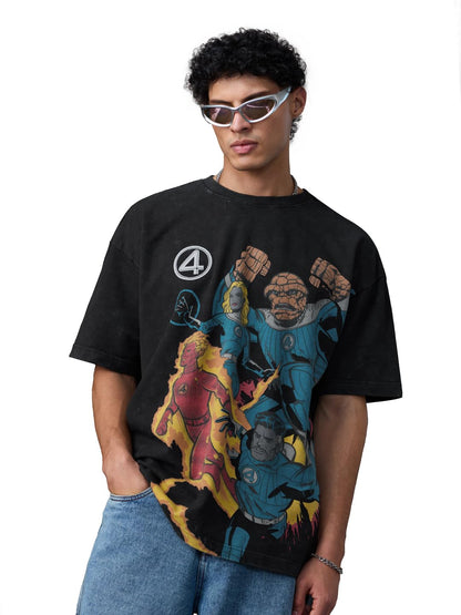 The Souled Store Marvel: Fantastic Four Men and Boys Short Sleeves Round Neck Black Graphic Printed Cotton Lightweight Breathabl