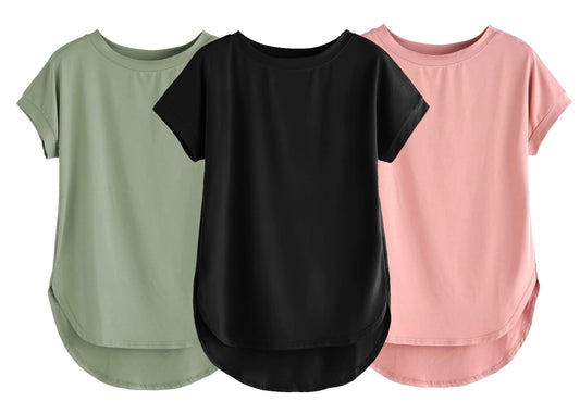 Fabricorn Combo Of Three Plain Black, Sage Green And Dusty Rose Round Neck Up And Down Cotton Tshirt For Women (Black, Sage Gree