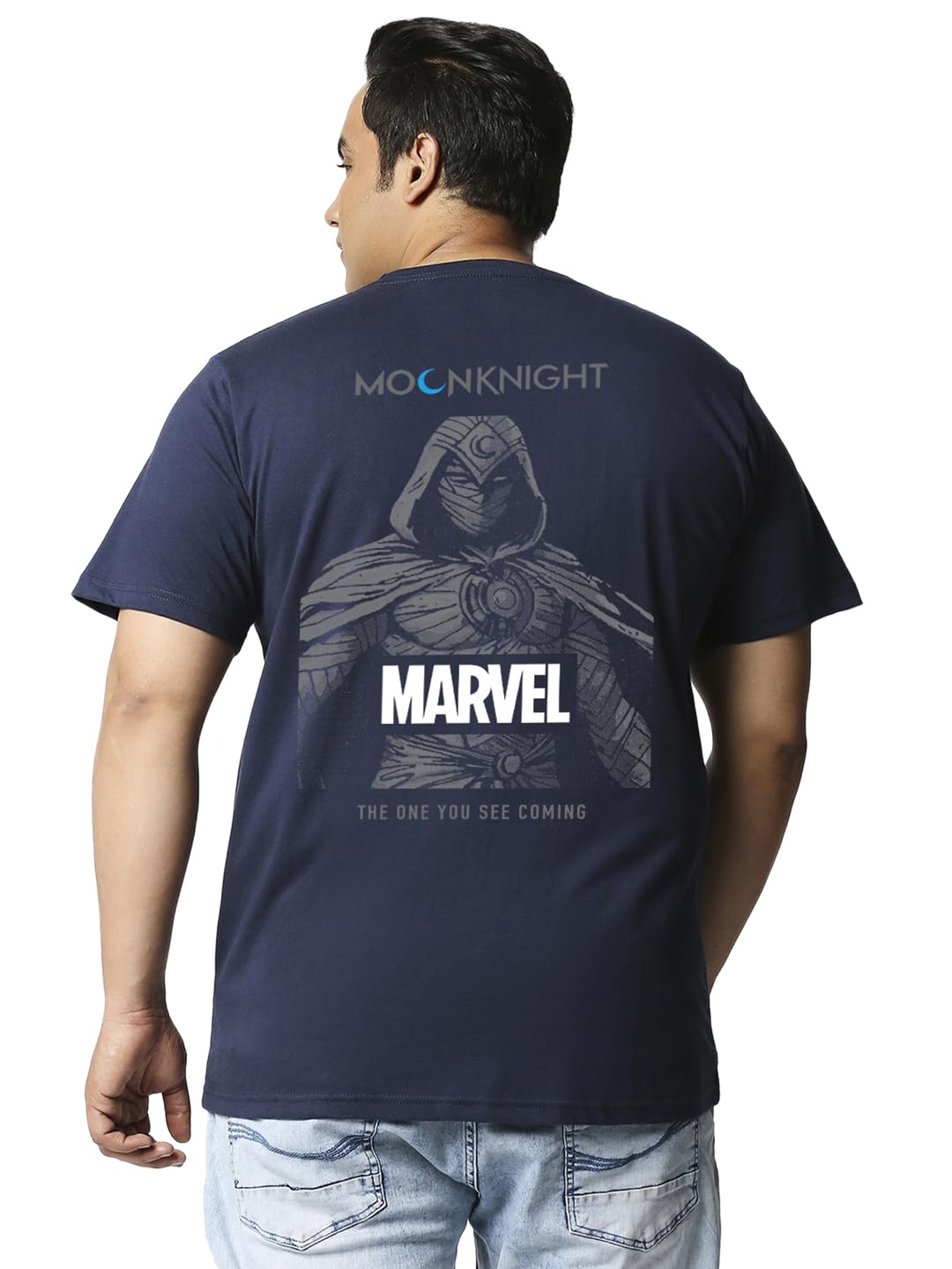 Bewakoof Official Marvel Merchandise Moon Knight Mens Graphic Print Oversized Fit Half Sleeve Round Neck Cotton Plus Size T-Shi