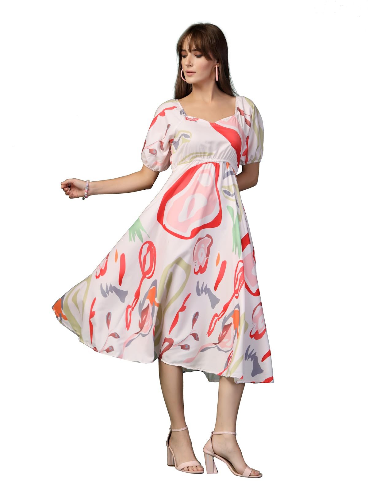 Oomph! Flared Dress For Women Stylish | Long One Piece For Women | Puff Sleeve Long Dress | Floral Print Maxi One Piece | Wester