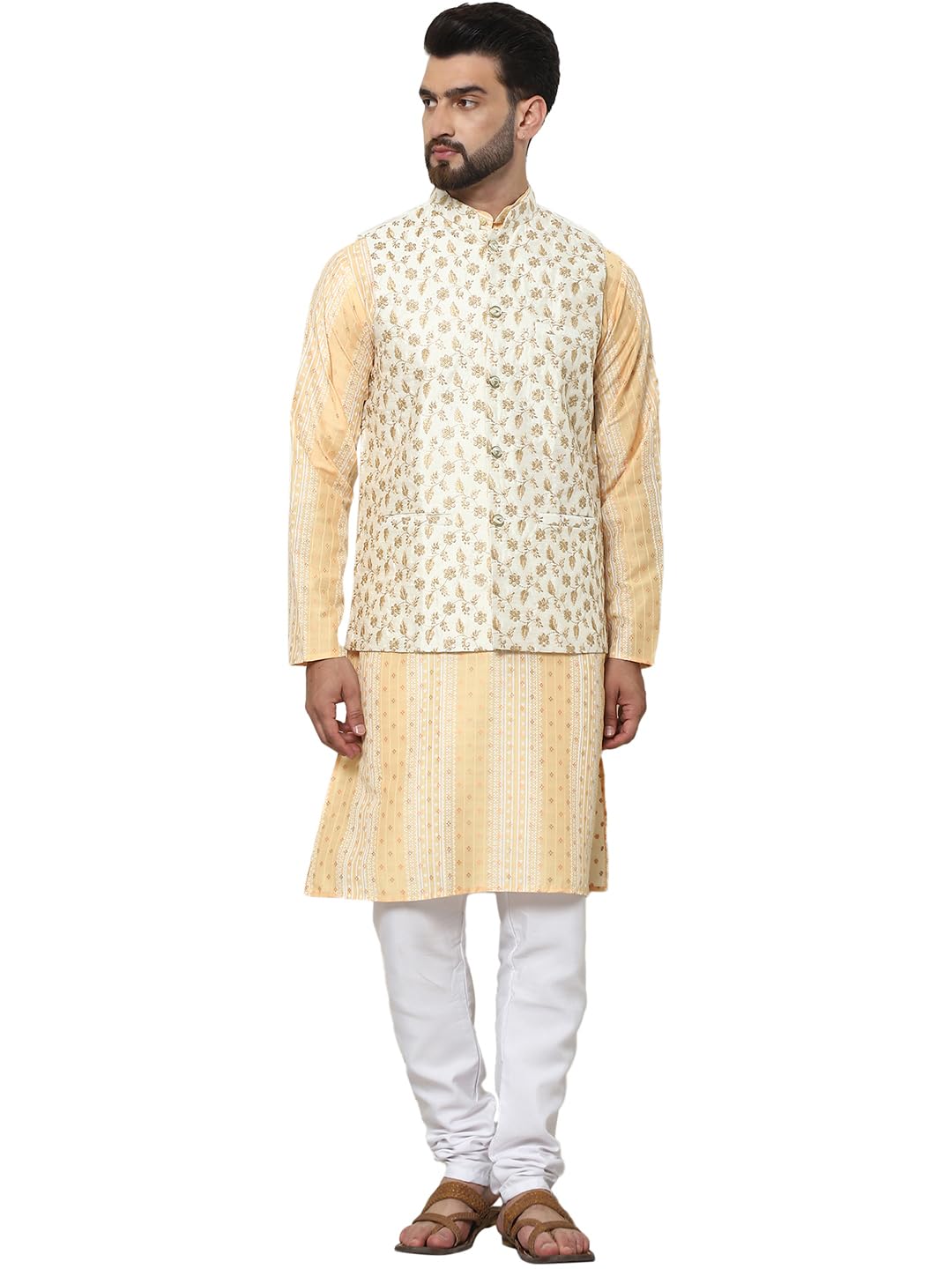 SOJANYA (Since 1958 Men's Cotton Silk Printed Mustard Kurta and White Pyjama With Embroidered Cream Nehru Jacket