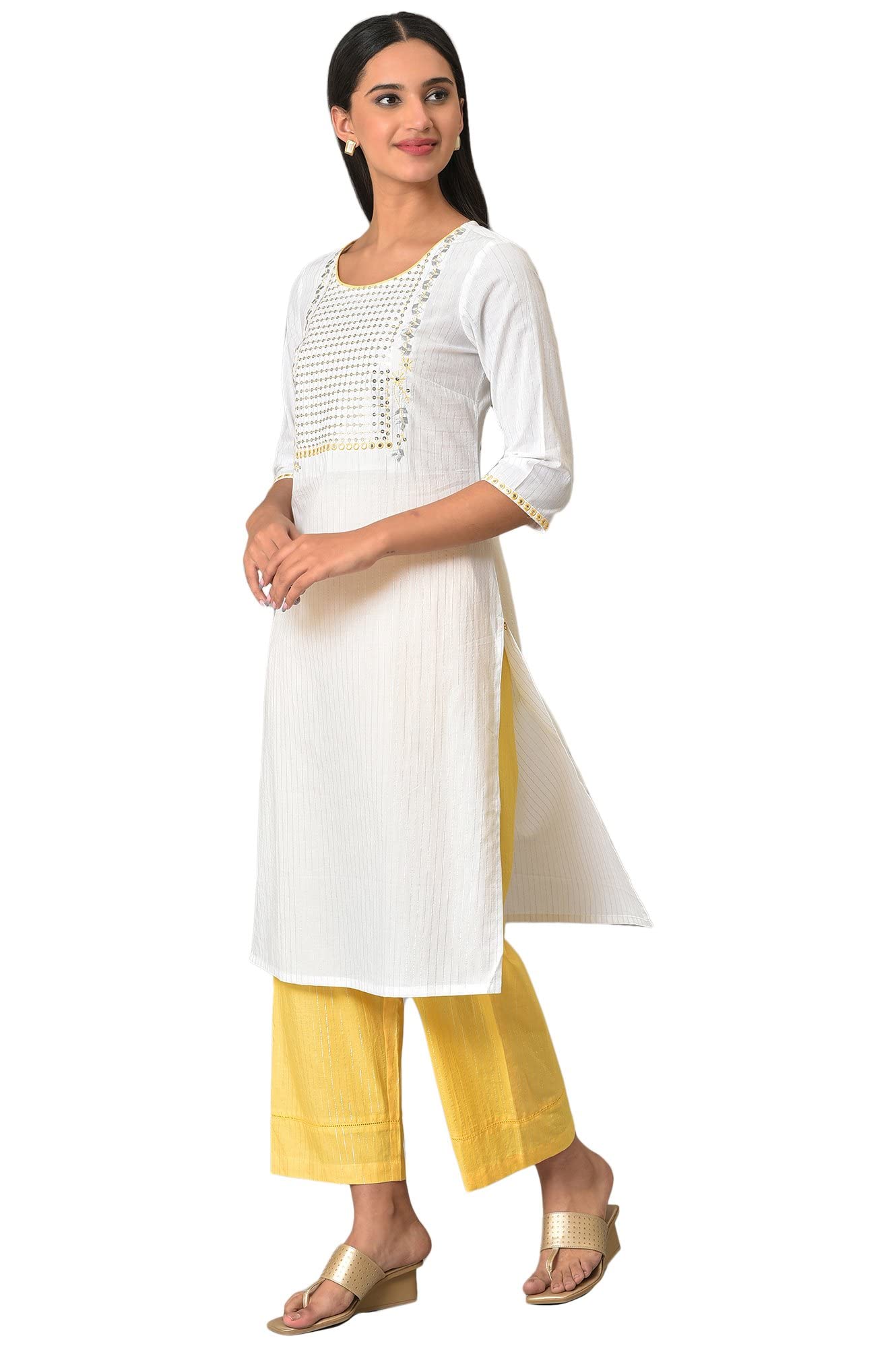 Aurelia Womens White Embellished Cotton Straight Long Kurta