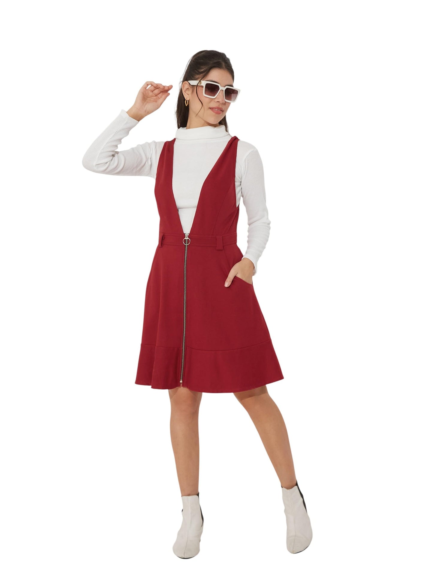 Miss Chase Polyester Pinafore Dress With Zipper Detail And Side Pockets (Mcaw25D16-95-143-06, Maroon, Xl)