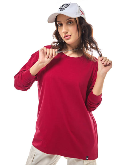 Bewakoof WomenS Solid Oversized Full Sleeve Round Neck Cotton Jersey T-Shirt_612456_Red_3Xl
