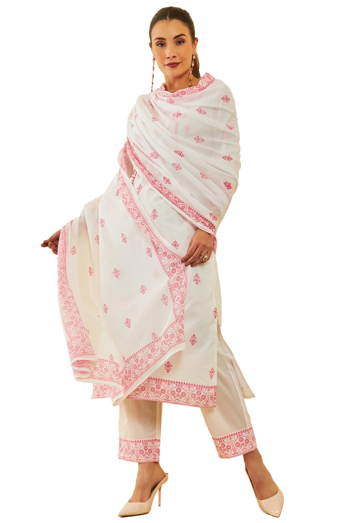 Soch Womens White & Red Cotton Floral Printed Suit Set With Cutdana Details