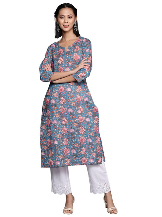 Varanga Women Blue Three- Quarter Sleeve Straight Kurta.