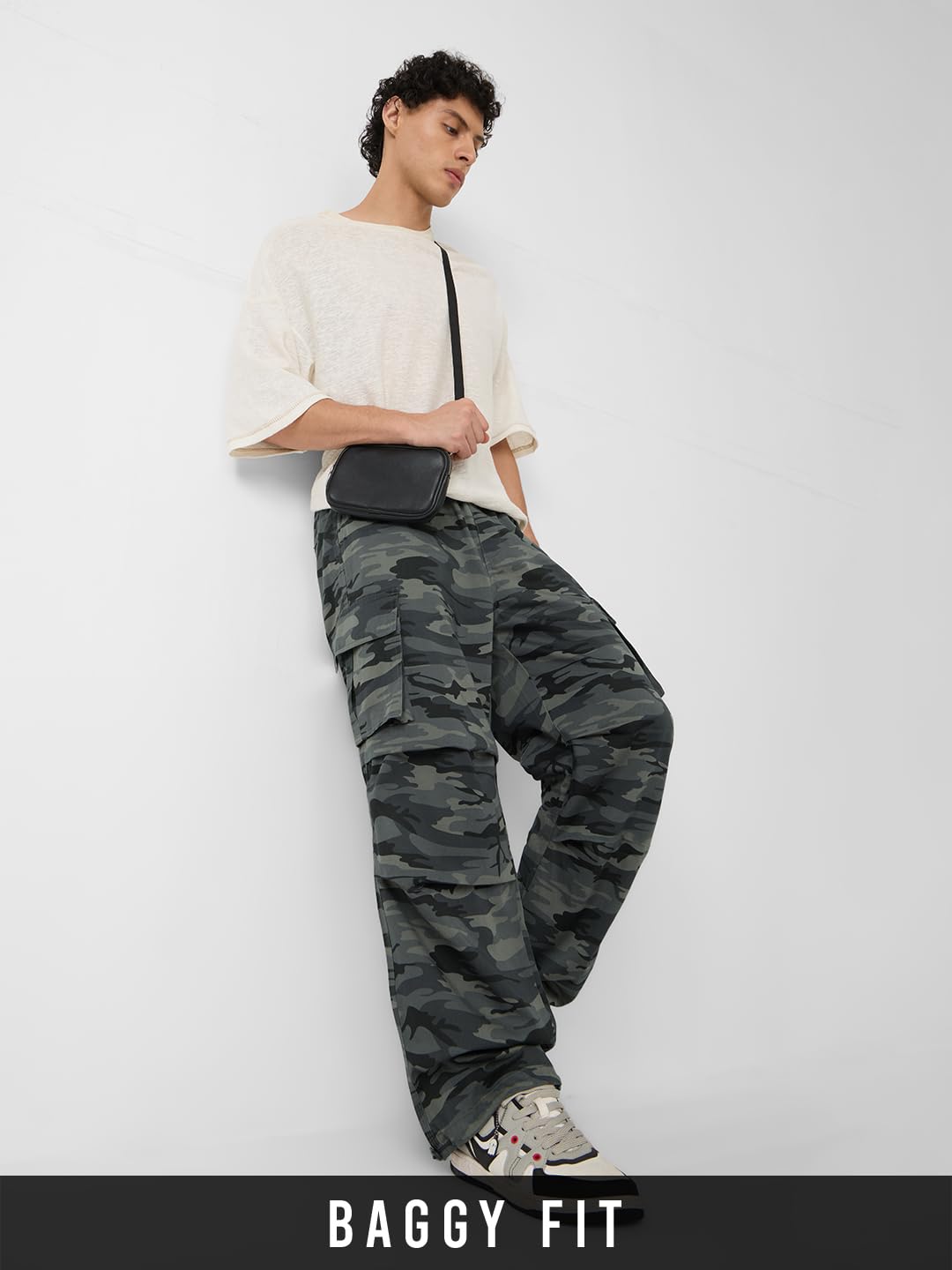 The Souled Store Baggy-Fit Joggers: Blue Camo Men and Boys Drawstringed Baggy Fit Cotton Blend Cargo Joggers