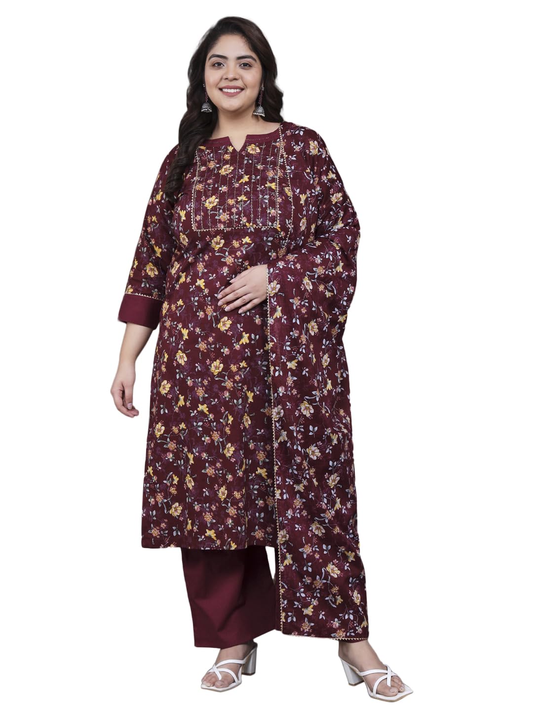 Tissu Women's Plus Size Maroon Printed Pure Cotton Zari Work Kurta & Palazzo with Dupatta