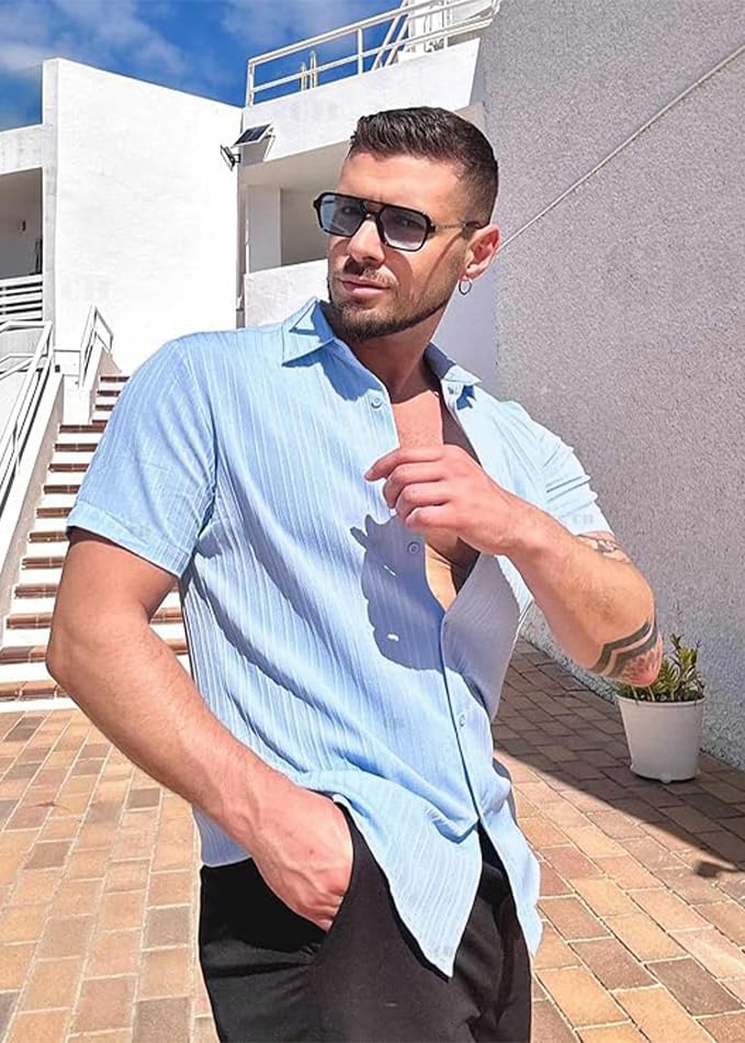 CB-COLEBROOK Mens Casual Button Down Soft Linen Shirts Short Sleeve Textured Summer Beach Shirts for Men (in, Alpha, L, Regular