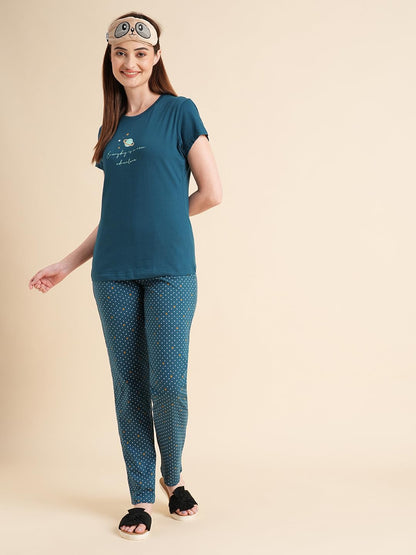 Sweet Dreams Women Printed Pyjama Set Teal