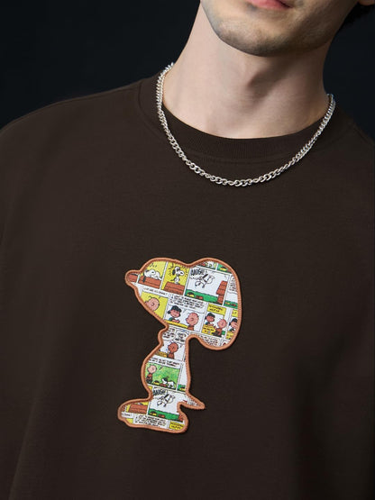 The Souled Store Peanuts: Joe Cool Men and Boys Short Sleeves Round Neck Brown Applique Patch Cotton Oversized T-Shirts