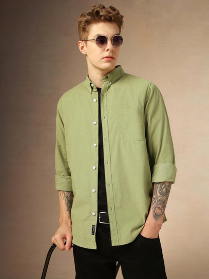 Dennis Lingo Men Relaxed Fit Cotton Full Sleeves Solid Casual Shirts Green