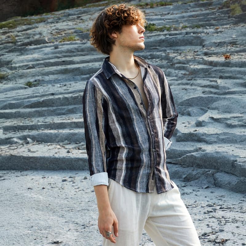 Campus Sutra Mens Prussian Blue & Ash Brown Brushed-Stripe Shirt for Casual Wear | Spread Collar | Long Sleeve | Button Closure