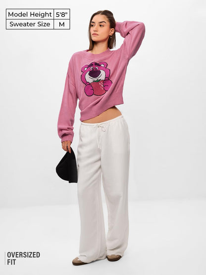 The Souled Store Disney: Lotso Bear Women and Girls Toweling Embroidered Oversized Sweater Pink