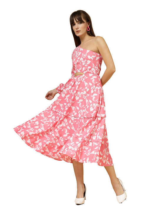 Oomph! WomenS Western & Fusion Wear Printed Crepe Dress For Women, One Shoulder, Pink - Md1062