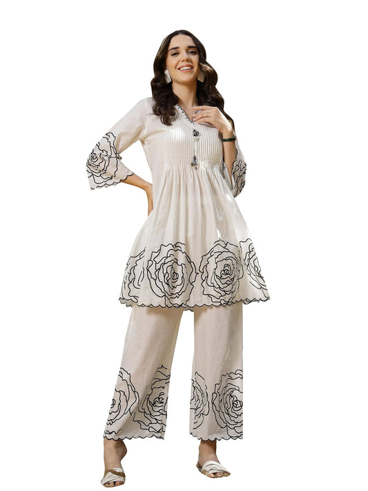 Stylum Womens Floral & Embroidered Cotton Short Kurti Palazzo Set