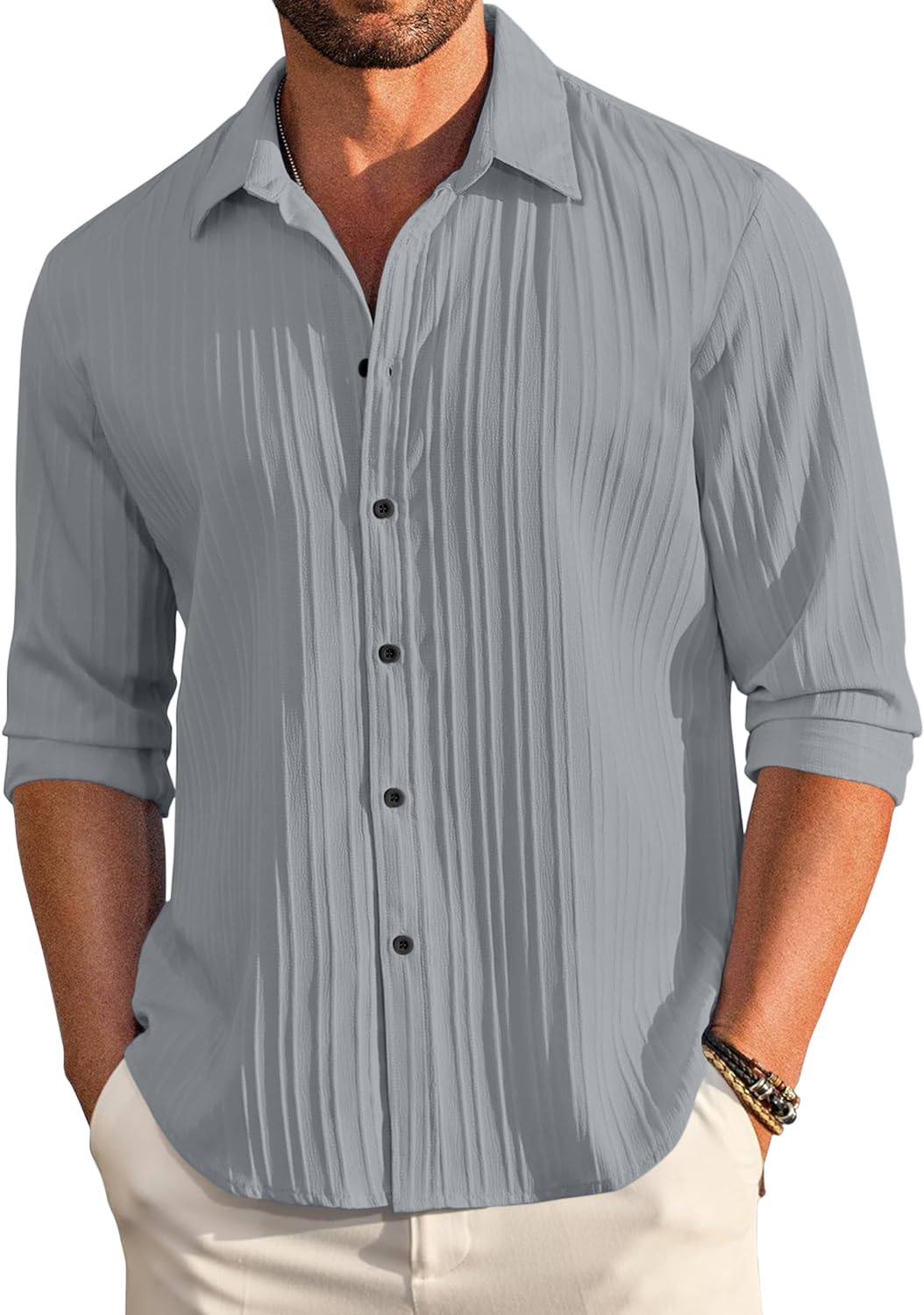 Finivo Fashion MenS Casual Cotton Plain Button Down Shirt Long Sleeve Textured Summer Beach Shirt For Men