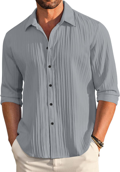 Finivo Fashion MenS Casual Cotton Plain Button Down Shirt Long Sleeve Textured Summer Beach Shirt For Men