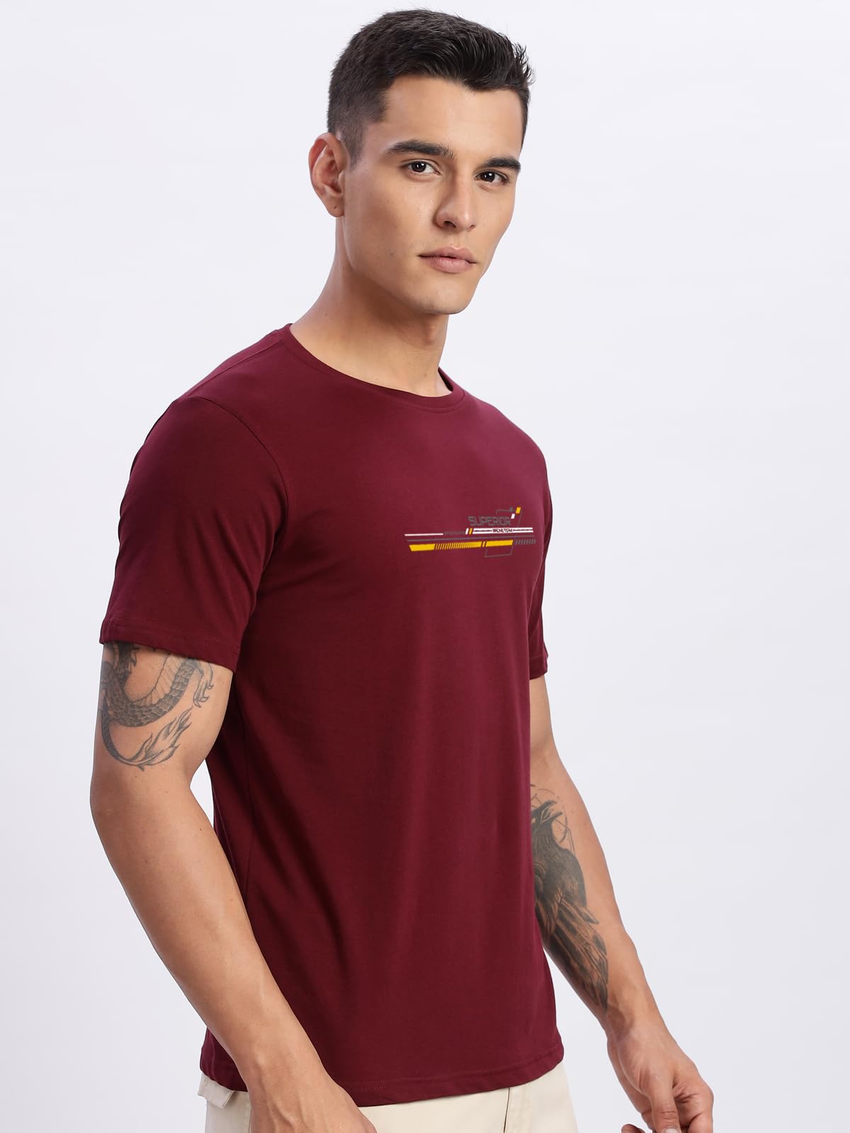 ADRO Men's Graphic Printed 100% Cotton T-Shirt - Regular Fit, Printed T-Shirts for Men (RN24-RAC-MR_Maroon)