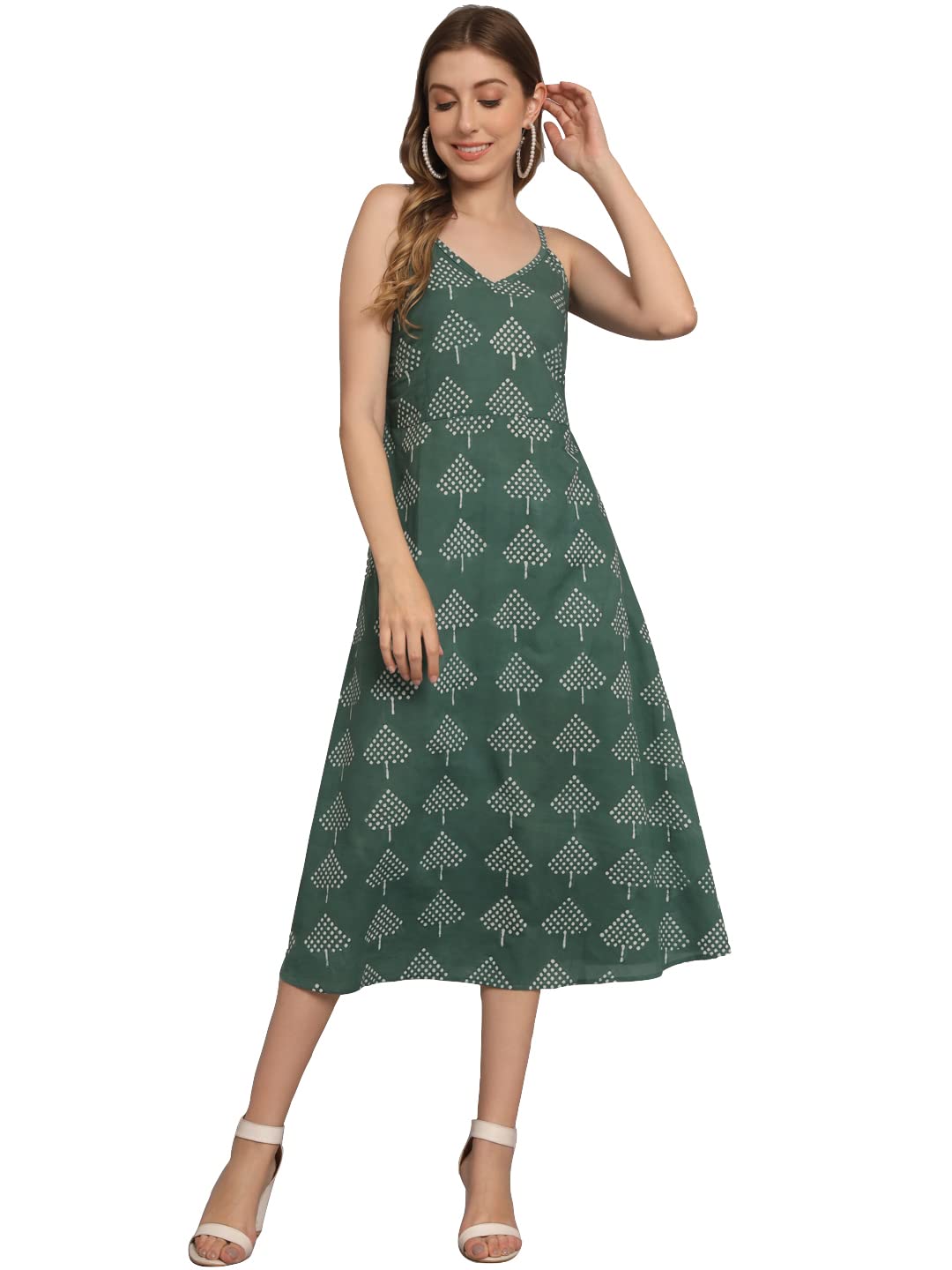 Peppyzone Women'S Handblock Printed Sleeveless Shoulder Strip Cami Dress