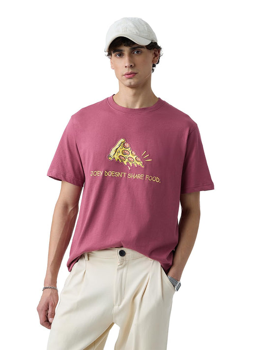 The Souled Store Friends: Pizza Keeper Men and Boys Short Sleeves Round Neck Pink Embroidered Regular Fit Cotton T-Shirts