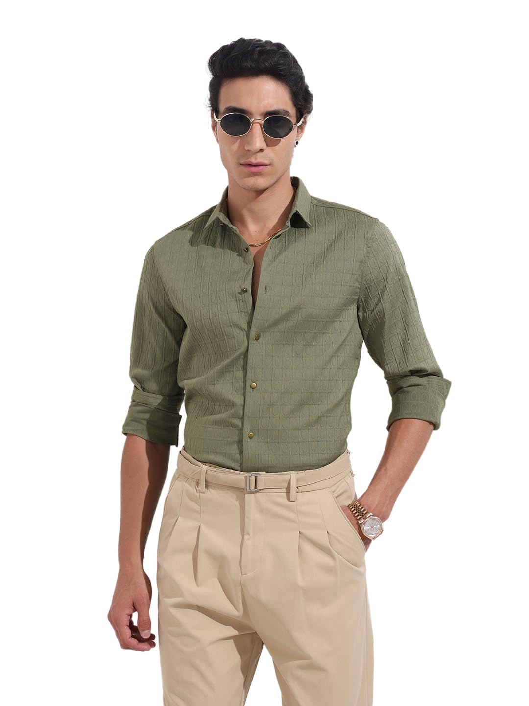 The Indian Garage Co Mens Regular Fit Textured Cutaway Collar Long Sleeves Party Sweater