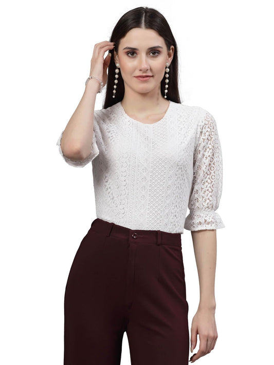 Style Quotient Self Design White Lace Smart Casual Top