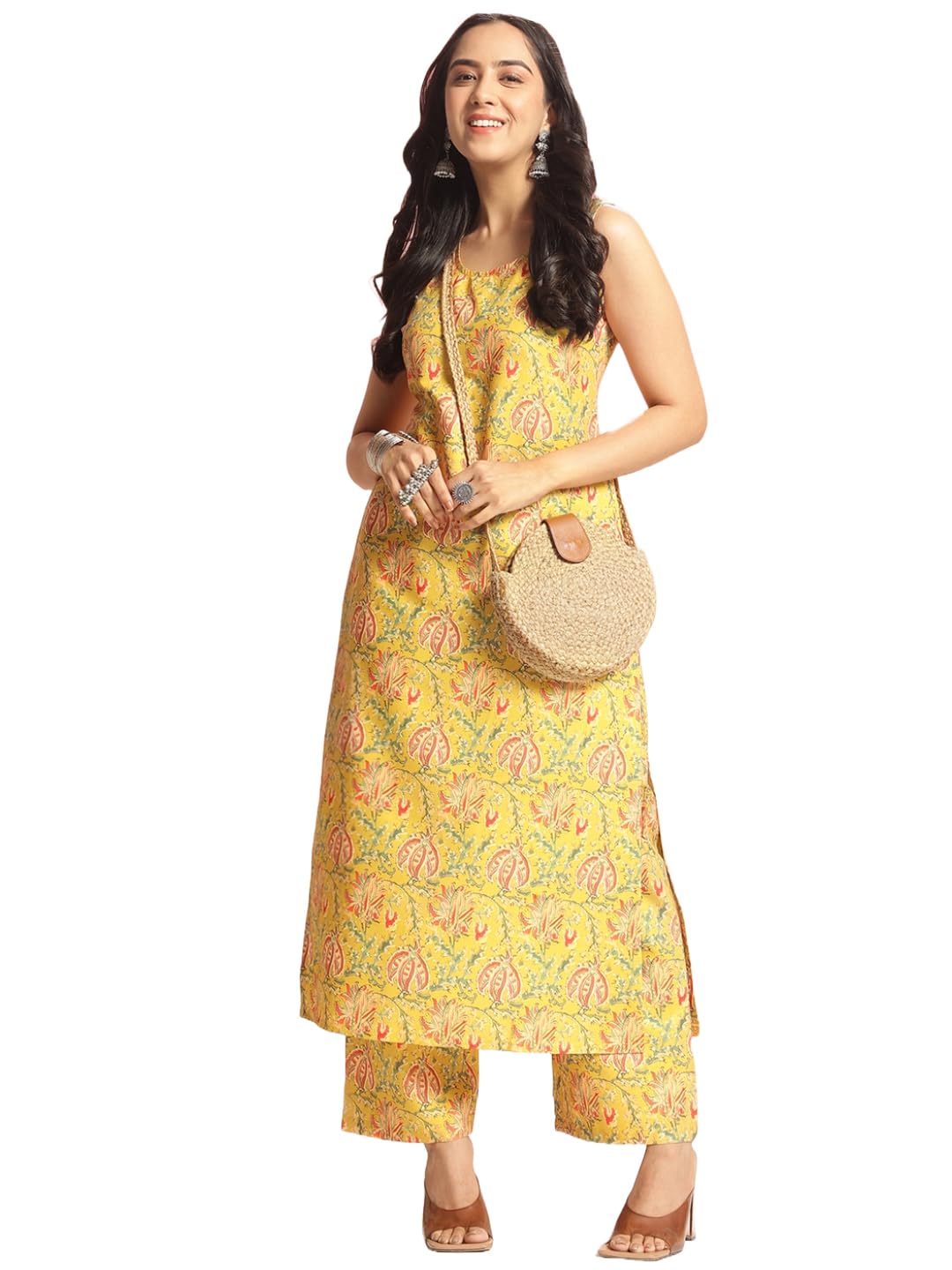 ANNI DESIGNER Womens Rayon Viscose Floral Straight Kurta with Palazzo (CUBU VKS01_Yellow_XXXX-Large)
