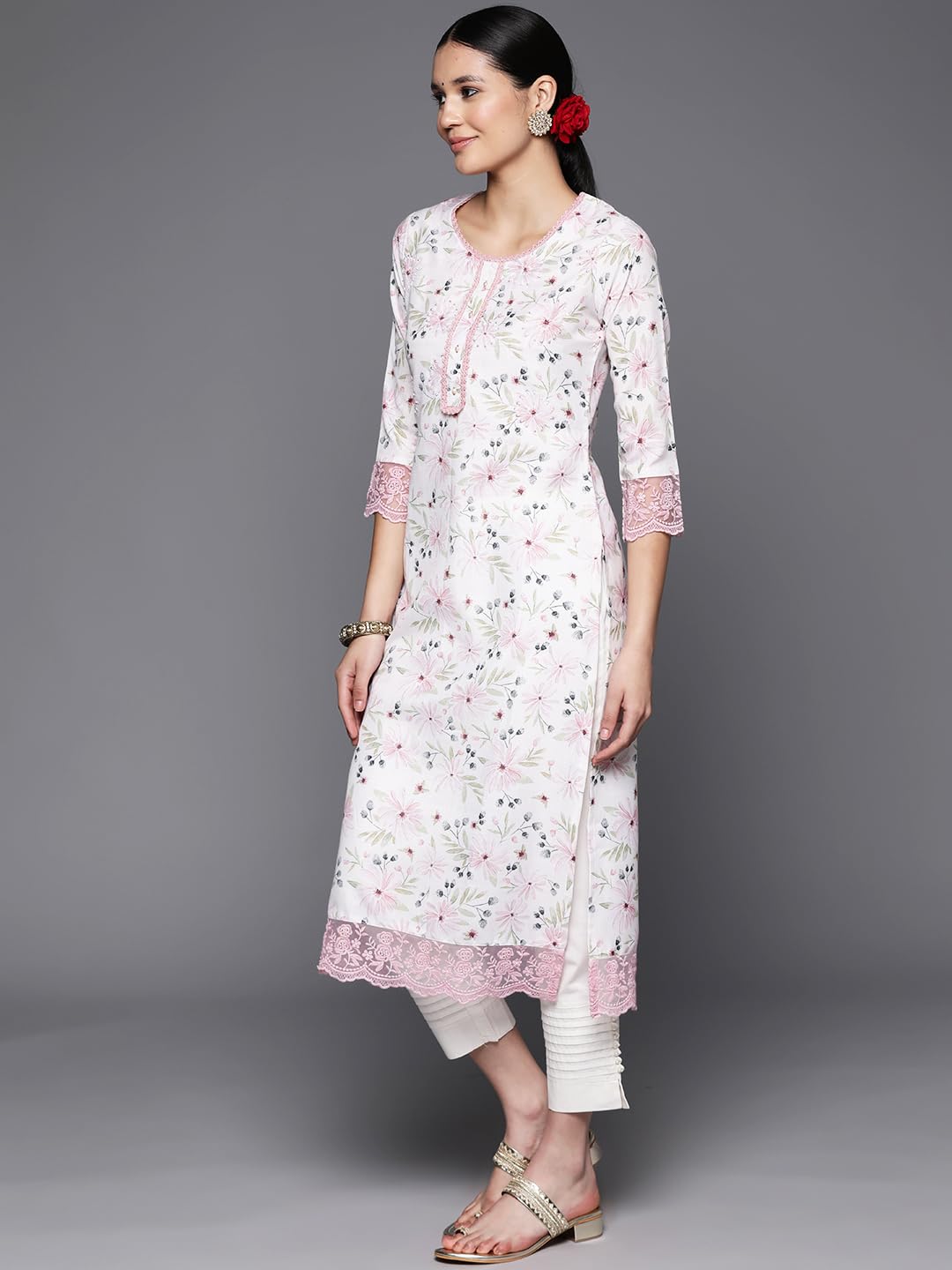 Libas Off White Embellished Cotton Straight Kurta