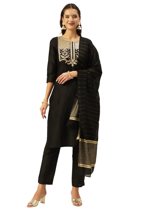 ishin Womens Silk Blend Straight Yoke Design Sequinned Kurta suit set With Dupatta & Trouser