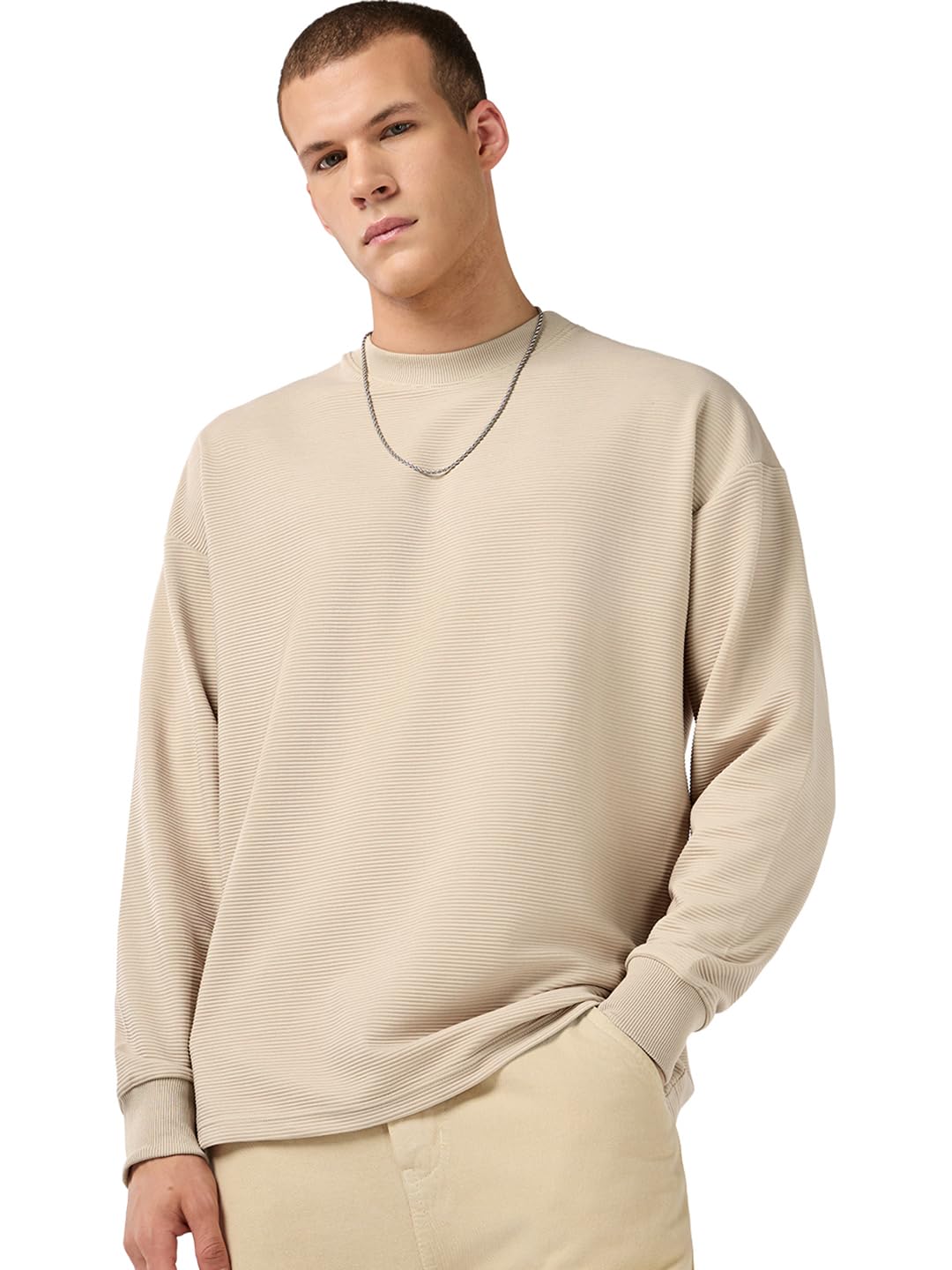 Bewakoof Heavy Duty 1.0 MenS Textured Oversized Fit Full Sleeve Round Neck Poly Cotton T-Shirt_685344_Beige_Xl