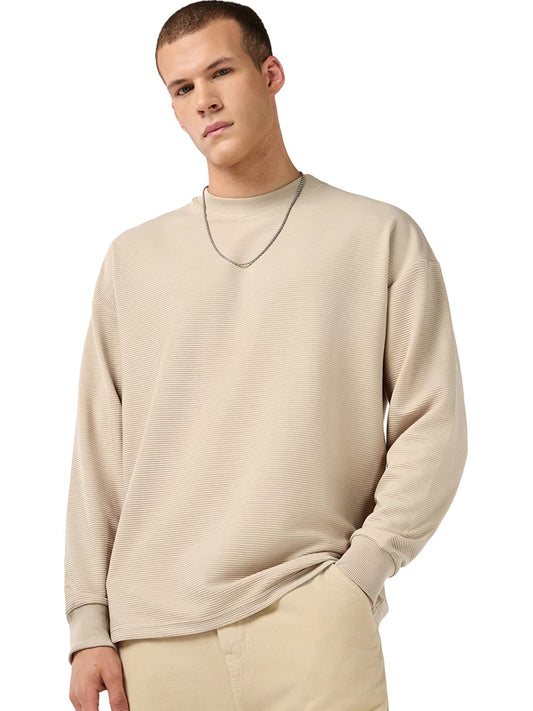 Bewakoof Heavy Duty 1.0 MenS Textured Oversized Fit Full Sleeve Round Neck Poly Cotton T-Shirt_685344_Beige_Xl
