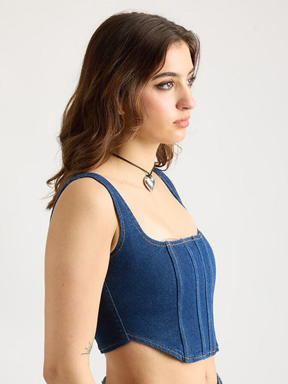 Shasmi Womens Solid Slim Fit Cotton Blouse Square Neck Denim Crop Top 158_Blue