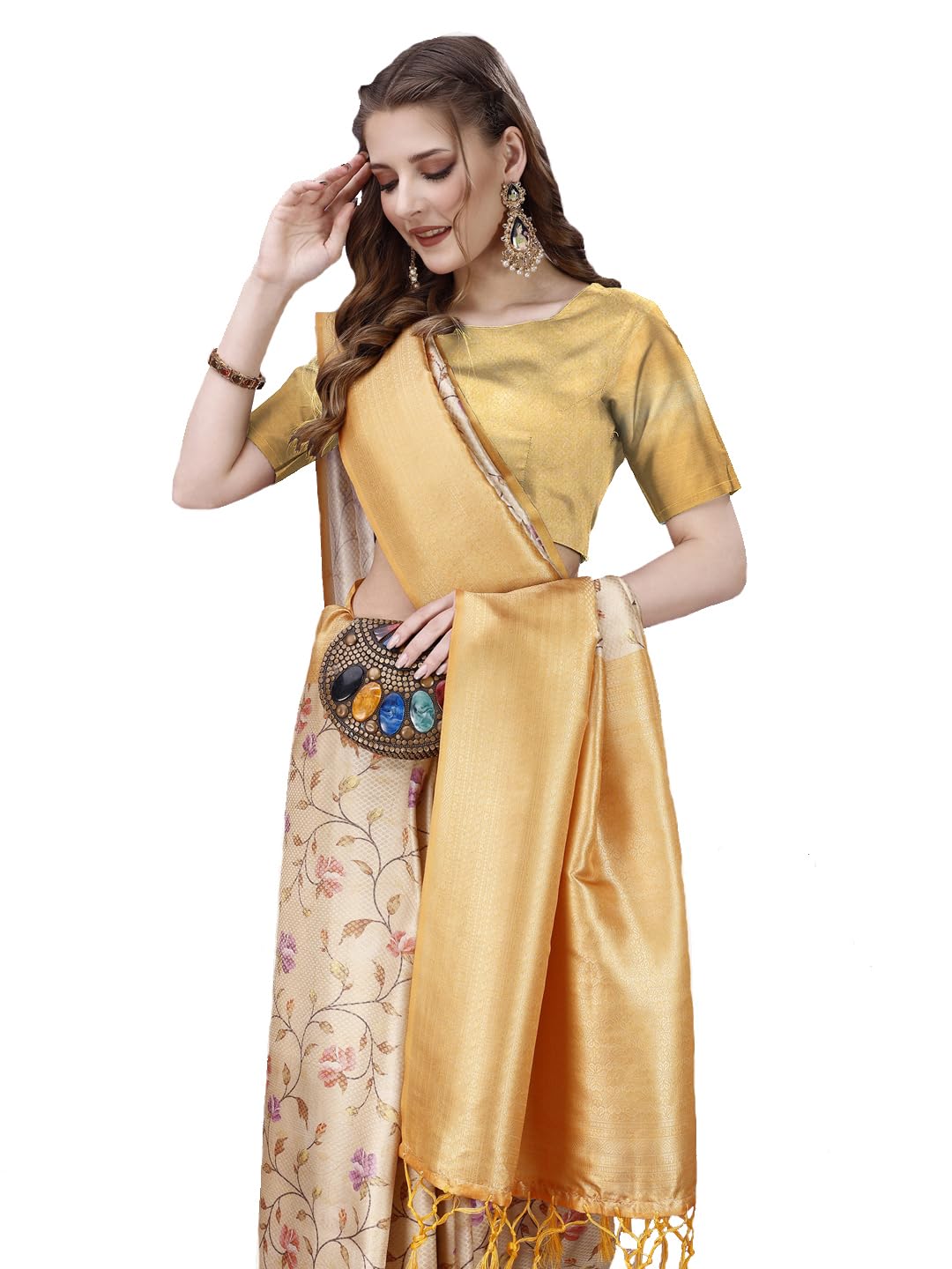 Pujia Mills Smooth Silk Saree For Women Indian Ethnic Wear Pure Silk Blend Zari Weaving Floral Digital Printed Smooth Silk Light